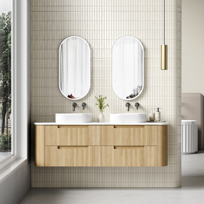 AULIC VARCELLI TIER WALL HUNG HARVEST OAK FLUTED CURVED CABINET 1800*460*575MM WITH CATO FLAT STONE TOP