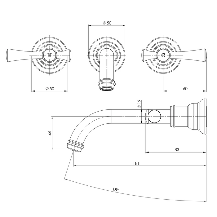 Phoenix Cromford Wall Basin / Bath Tap Set, Matte Black