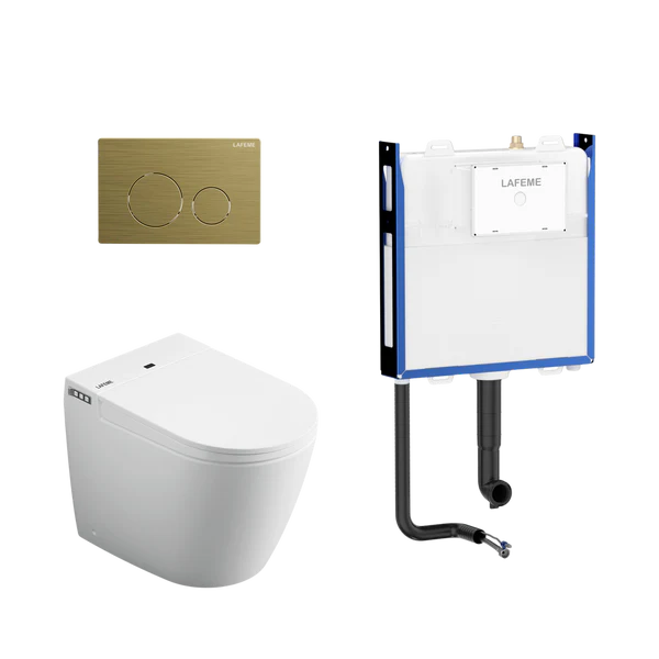 LAFEME CRAWFORD INWALL CISTERN FLOOR PAN SMART TOILET 592*400*492MM WITH  BRUSHED GOLD FLUSH PLATE