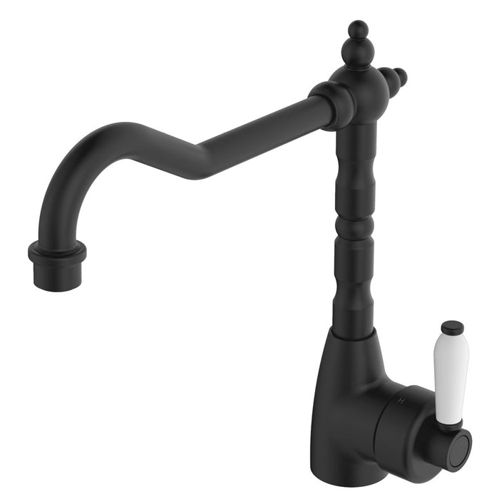 Fienza Eleanor Shepherds Crook Kitchen Sink Mixer Matte Black / White Ceramic Handle