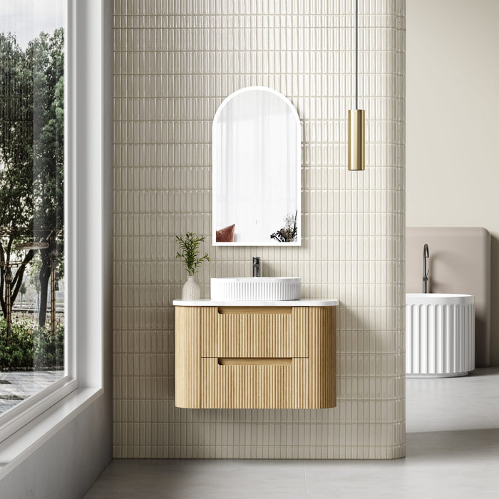 AULIC VARCELLI TIER WALL HUNG HARVEST OAK FLUTED CURVED CABINET 900*460*575MM WITH PURE FLAT STONE TOP