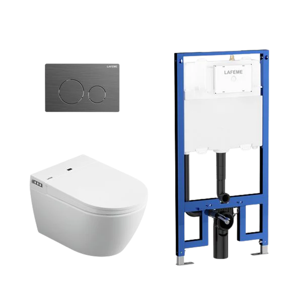 LAFEME SESTO INWALL CISTERN WALL HUNG SMART TOILET 592*400*424MM WITH  GUN METAL FLUSH PLATE