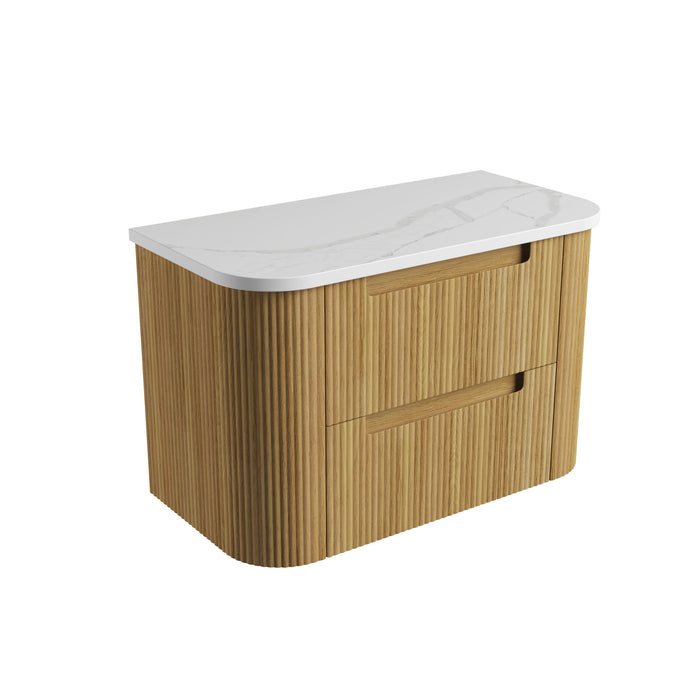 AULIC VARCELLI TIER WALL HUNG HARVEST OAK FLUTED CURVED CABINET 900*460*575MM WITH ALPINE FLAT STONE TOP