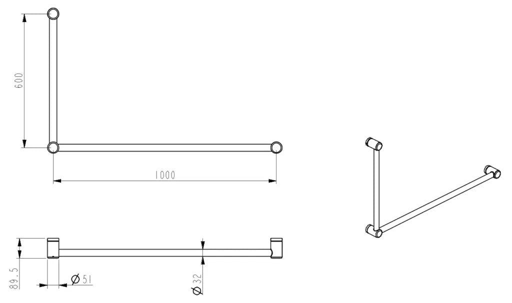 Mica Care DDA 600x1000mm - 90 Degree Grab Rail - Black