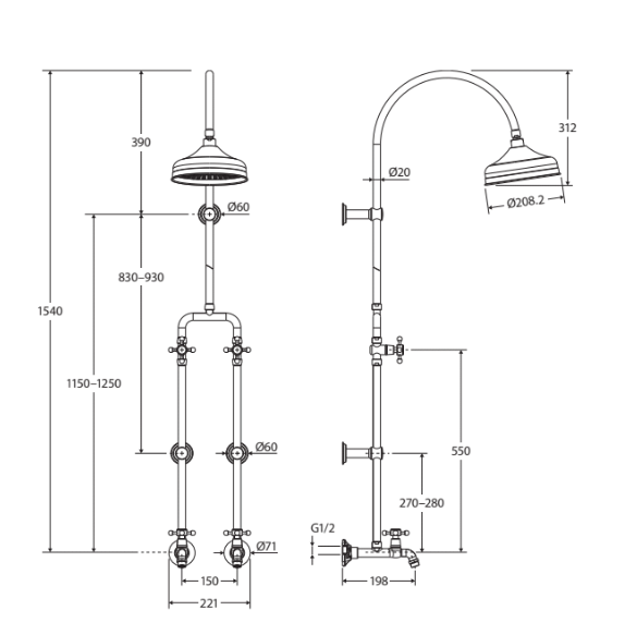 Fienza Lillian Exposed Shower and Bath Set with Cross Handles, Brushed Nickel