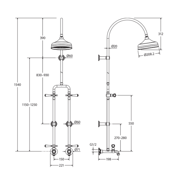 Fienza Lillian Exposed Shower and Bath Set with Lever Handles, Brushed Nickel