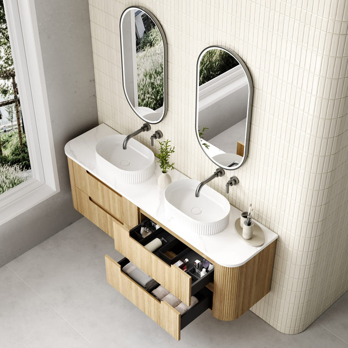 AULIC VARCELLI TIER WALL HUNG HARVEST OAK FLUTED CURVED CABINET 1500*460*575MM WITH ALPINE FLAT STONE TOP