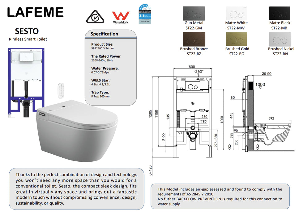 LAFEME SESTO INWALL CISTERN WALL HUNG SMART TOILET 592*400*424MM WITH  GUN METAL FLUSH PLATE