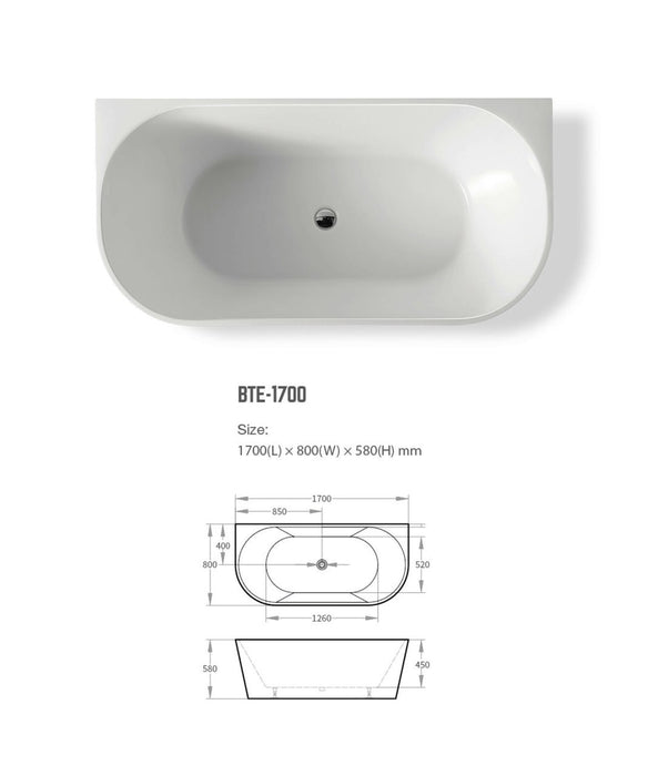BNK Cortona 1700 Acrylic Back to Wall Bath - White Gloss