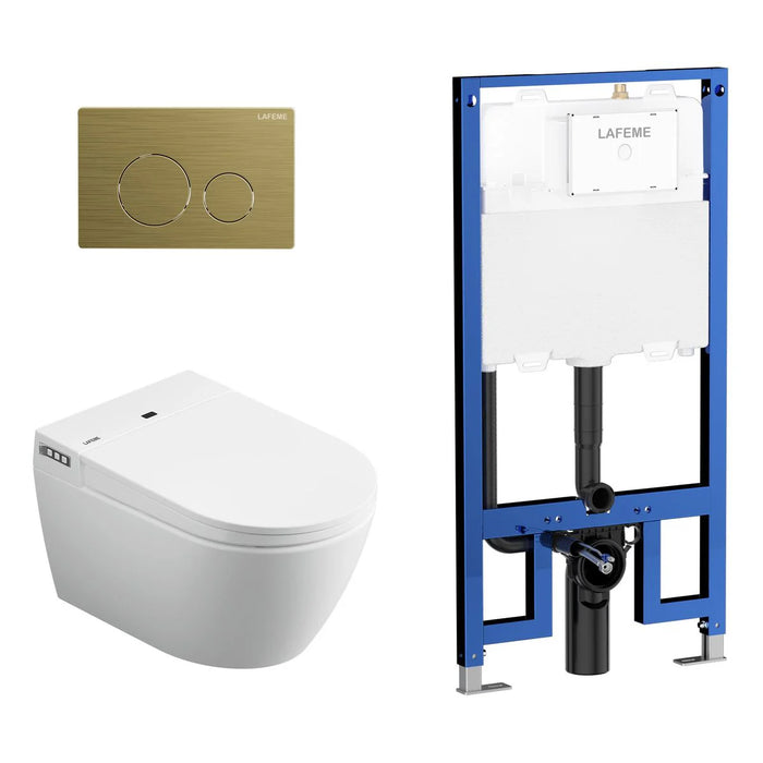 LAFEME SESTO INWALL CISTERN WALL HUNG SMART TOILET 592*400*424MM WITH  BRUSHED GOLD FLUSH PLATE