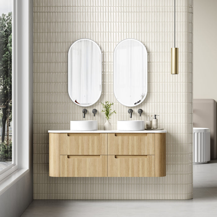 AULIC VARCELLI TIER WALL HUNG HARVEST OAK FLUTED CURVED CABINET 1500*460*575MM WITH PURE FLAT STONE TOP