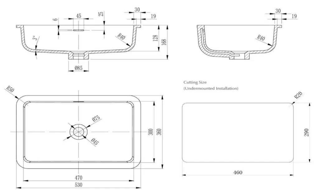 Bella Vista Thalios Undermount Basin 530 x 360 x 168mm Matte White