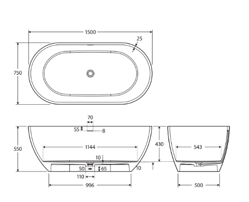 Fienza Luciana Freestanding 1500mm Stone Bath Matte Black