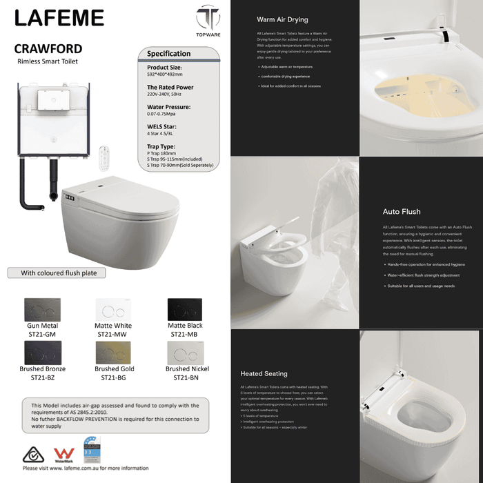 LAFEME CRAWFORD INWALL CISTERN FLOOR PAN SMART TOILET 592*400*492MM WITH  BRUSHED NICKEL FLUSH PLATE