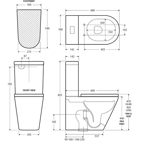 Sienna Extra Height Tornado BTW Toilet 90-160 Standard Seat