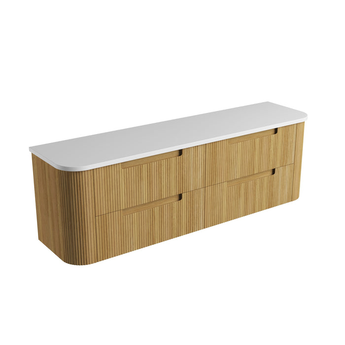 AULIC VARCELLI TIER WALL HUNG HARVEST OAK FLUTED CURVED CABINET 1800*460*575MM WITH ALPINE FLAT STONE TOP