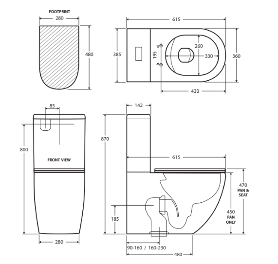 Fienza Alix Back-To-Wall S Trap 90-160 Toilet, Slim Seat