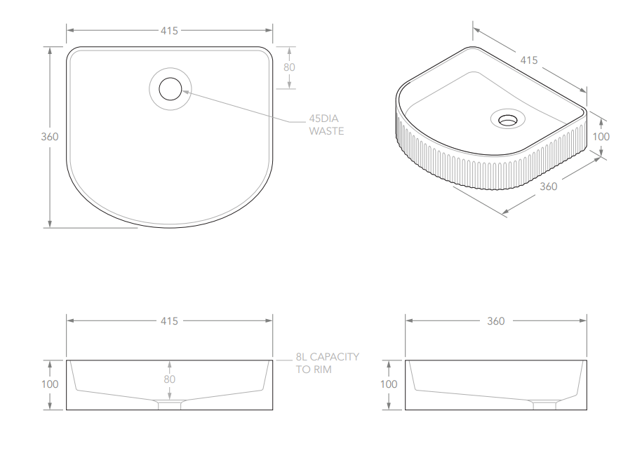 Adp Arch Fluted Above Counter Basin, Gloss White