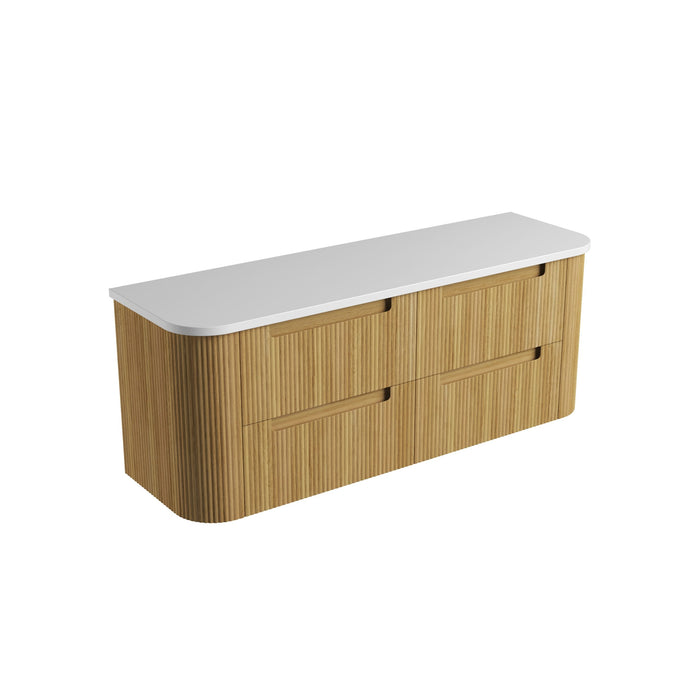AULIC VARCELLI TIER WALL HUNG HARVEST OAK FLUTED CURVED CABINET 1500*460*575MM WITH ALPINE FLAT STONE TOP