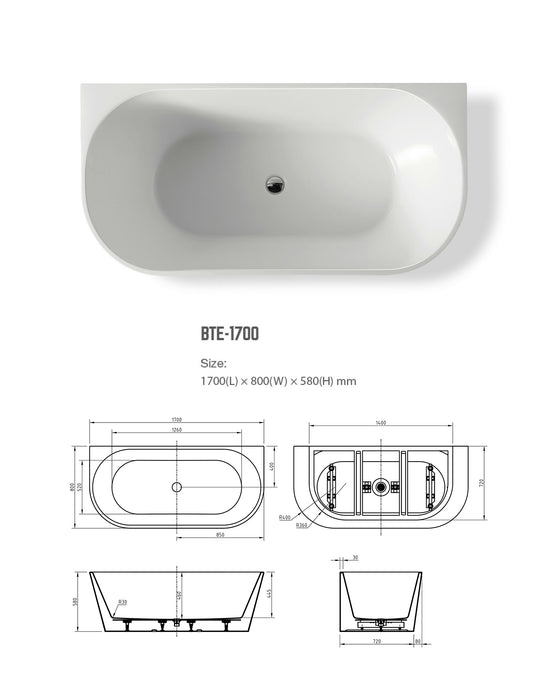 BNK Cortona 1700 Acrylic Back to Wall Bath - Matte White