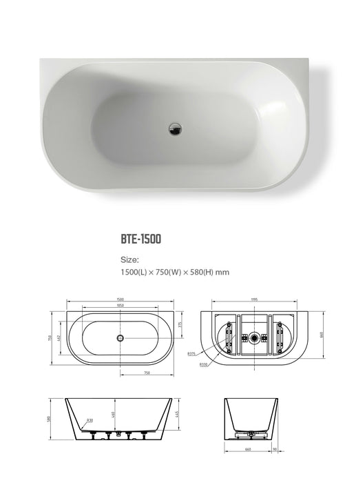 BNK Cortona 1500 Acrylic Back to Wall Bath - Matte White