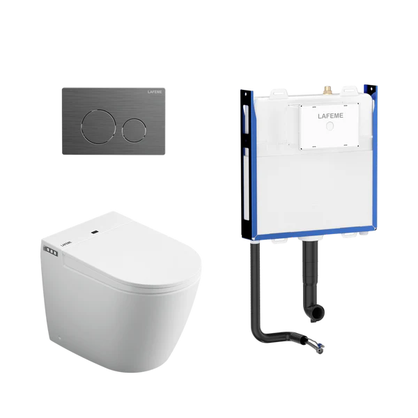 LAFEME CRAWFORD INWALL CISTERN FLOOR PAN SMART TOILET 592*400*492MM WITH  GUN METAL FLUSH PLATE