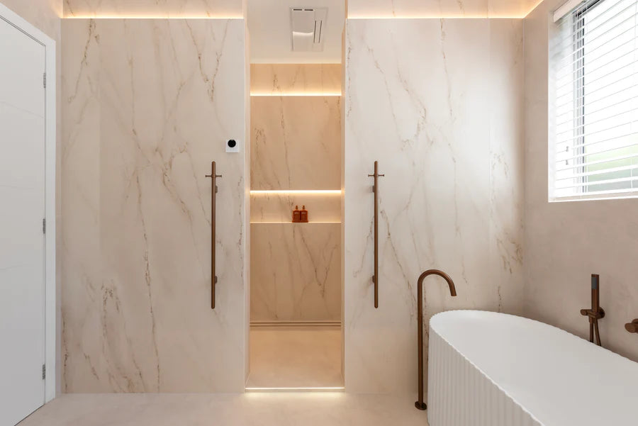 Meir Heated Vertical Towel Rail, Lustre Bronze