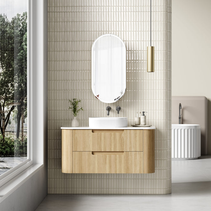 AULIC VARCELLI TIER WALL HUNG HARVEST OAK FLUTED CURVED CABINET 1200*460*575MM WITH PURE FLAT STONE TOP