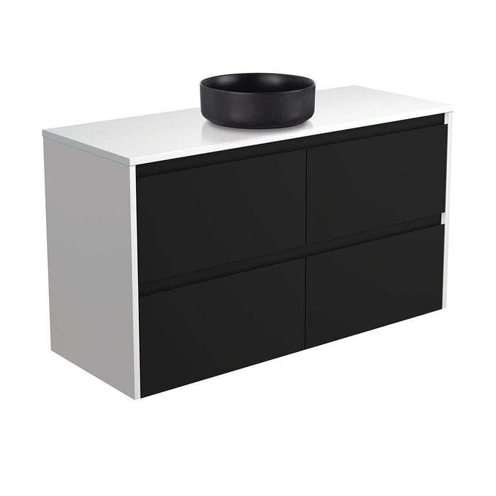 Fienza Reba Black Crystal Amato 1200 Satin Black Vanity, Satin White Panels, Wall Hung