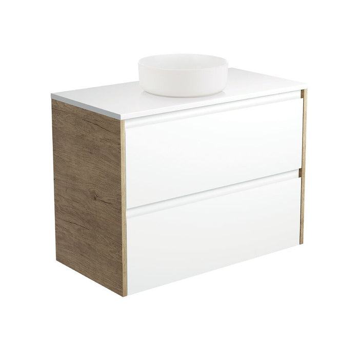 Fienza Reba Matte White Crystal Amato 900 Satin White Vanity, Scandi Oak Panels, Wall Hung