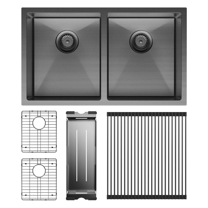 Fienza Hana 27L/27L Double Kitchen Sink Kit, Carbon Metal