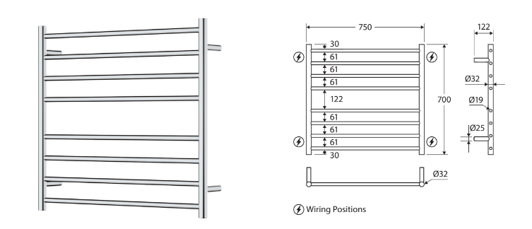 Fienza Isabella Heated Towel Ladder 8 Bars 750x750mm, Matte Black
