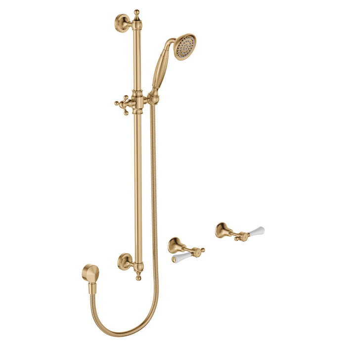 Fienza Lillian Lever Rail Shower Set, Urban Brass White Handle