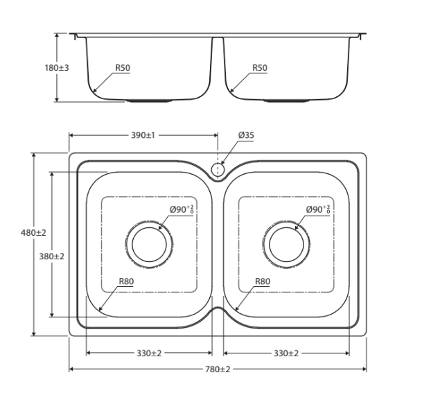 Fienza Tiva 780 Double Kitchen Sink, No Tap Hole