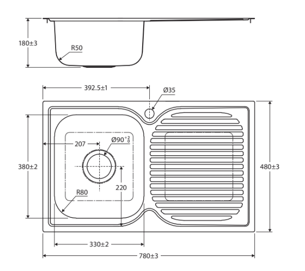 Fienza Tiva 780 Single Kitchen Sink with Drainer, Left Bowl