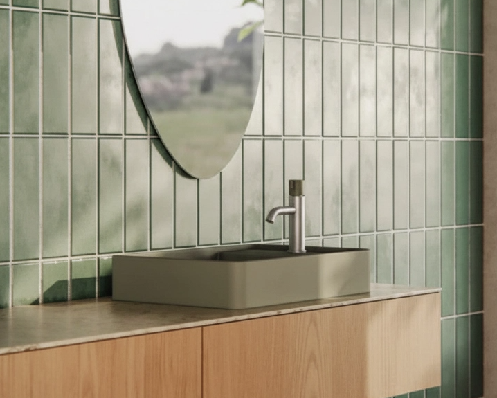 Bathroom with green tiled walls, wooden vanity, and round mirror.