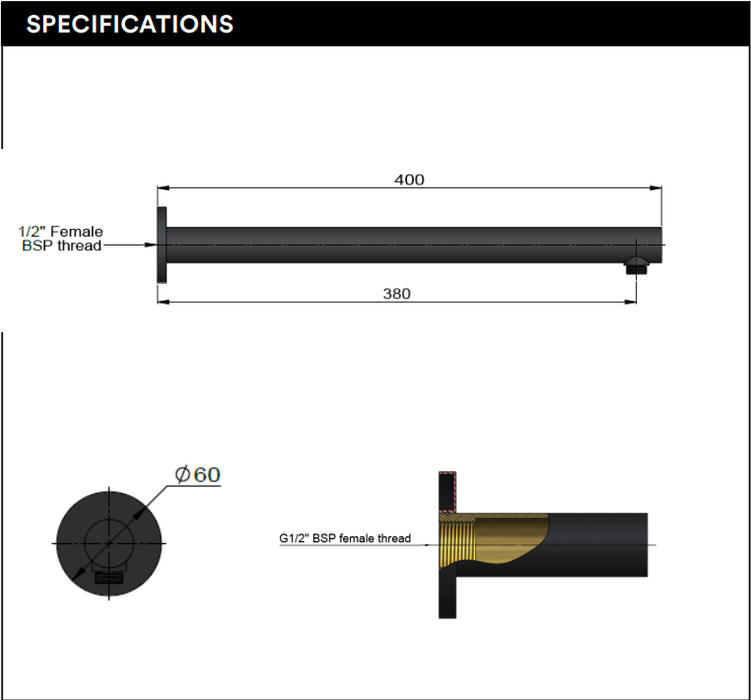 Meir Round Wall Shower Arm 400mm, Lustre Bronze