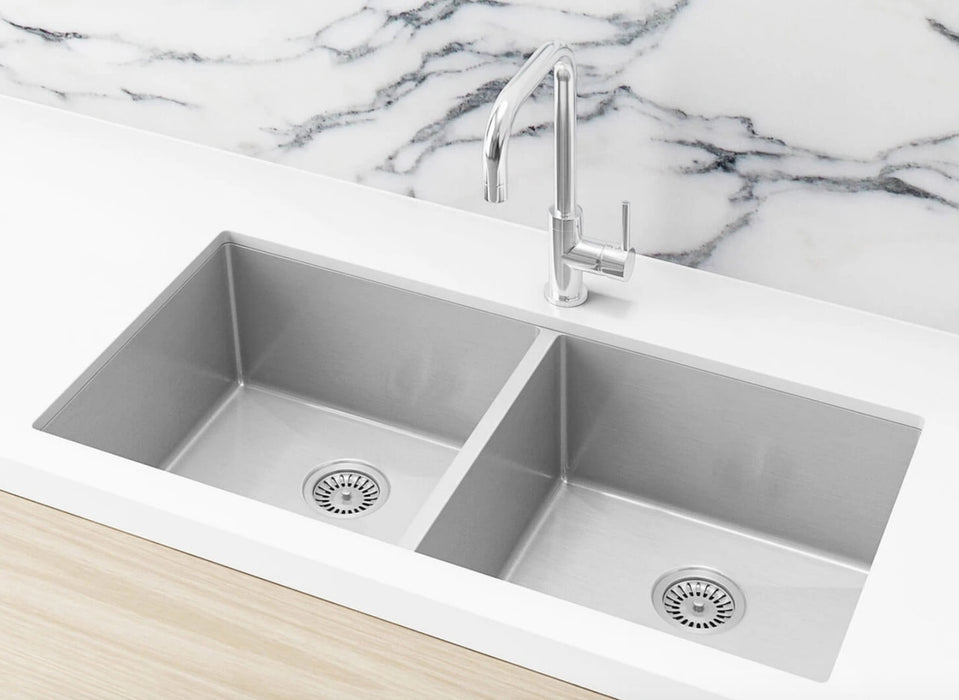 Meir Lavello Kitchen Sink, Double Bowl 860 x 440, Brushed Nickel