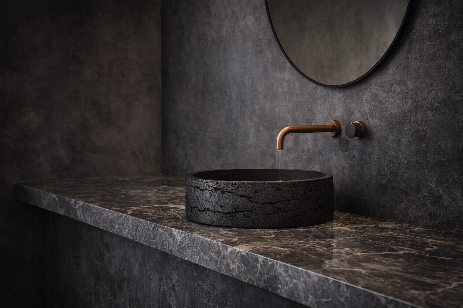 Dark stone sink on a marble countertop with a bronze faucet in a bathroom setting.