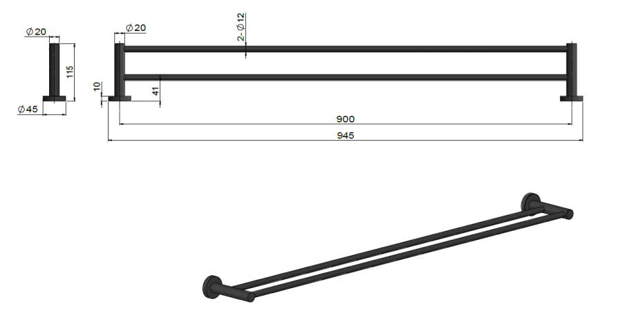 Meir Round Double Towel Rail 900mm, Champagne