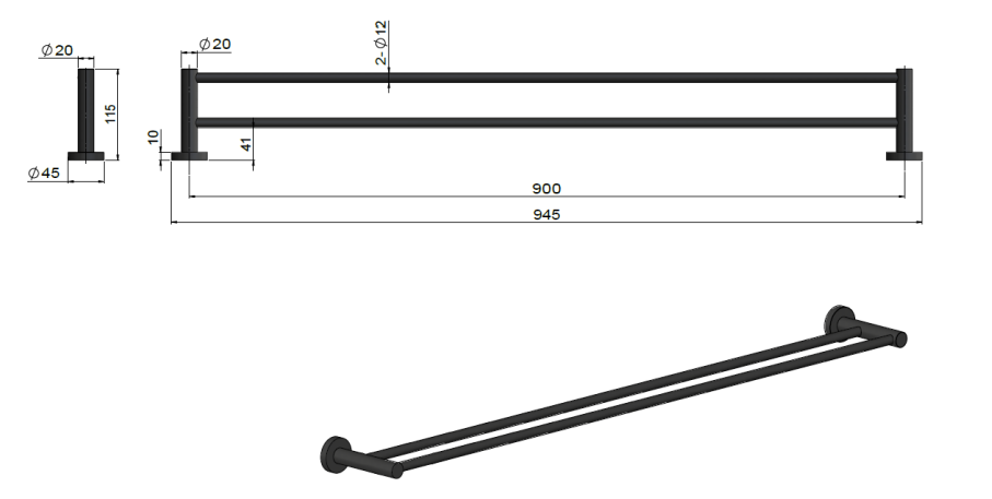 Meir Round Double Towel Rail 900mm, Brushed Nickel