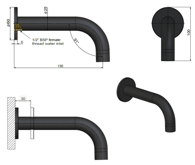 Meir Universal Round Curved Spout 130mm, Shadow