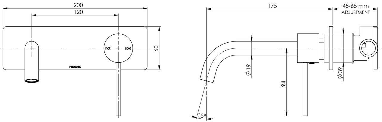 Phoenix Vivid Slimline Wall Bath Mixer Set 180mm Curved, Gunmetal