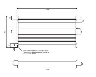 Radiant Heating 1300 x 750mm Rnd Heated Towel Rail RIGHT, Polished