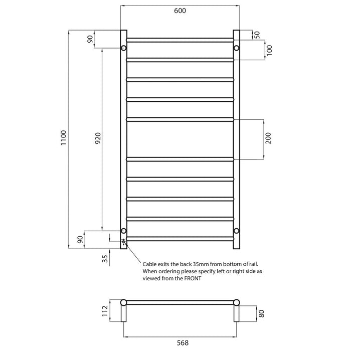 Radiant Heating Round Ladder Heated Bar 600x1100mm - Right, Brushed Nickel