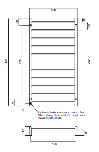 Radiant Heating 600 x 1100mm Rnd Heated Towel Rail LEFT, Gunmetal Grey