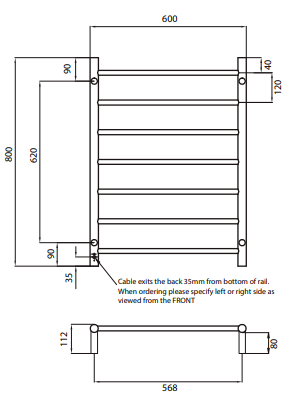 Radiant Heating 600 x 800mm Rnd Heated Towel Rail RIGHT, Brushed Gold