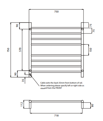 Radiant Heating 750 x 750mm Rnd Heated Towel Rail RIGHT, Polished