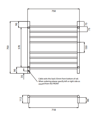 Radiant Heating 750 x 750mm Rnd Heated Towel Rail LEFT, Polished