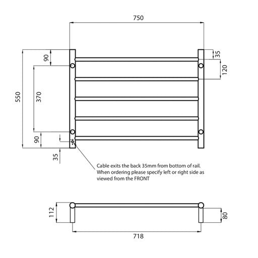 Radiant Heating 750 x 550mm Rnd Heated Towel Rail Right, Brushed Nickel